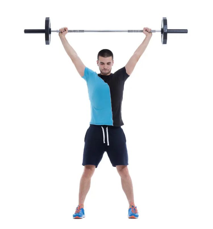 A man holding onto a barbell in front of him.