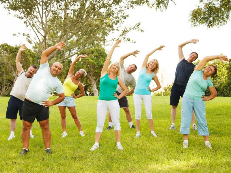 A group of people doing different exercises in the park.